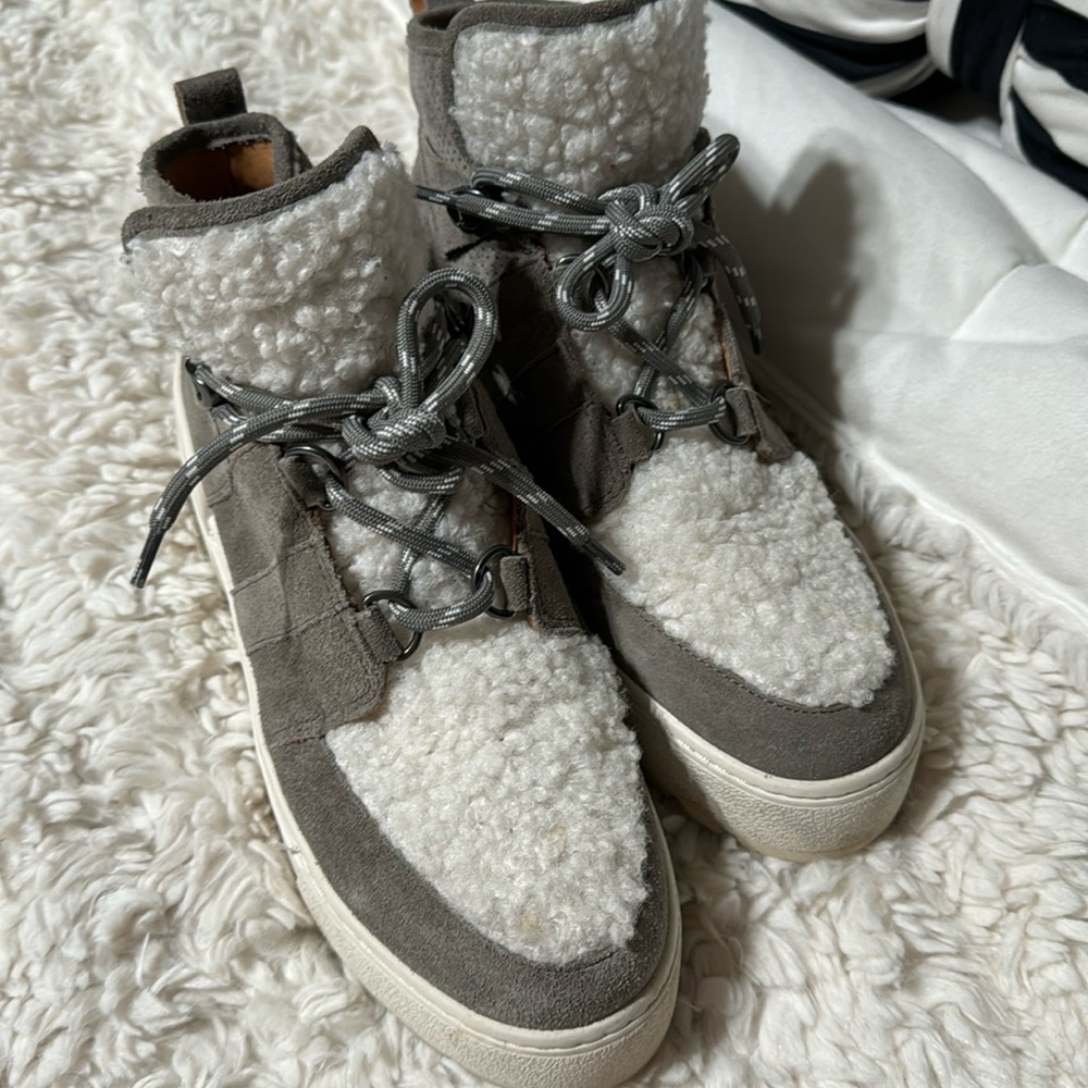 J slide Sherpa hightop suede platform sneakers